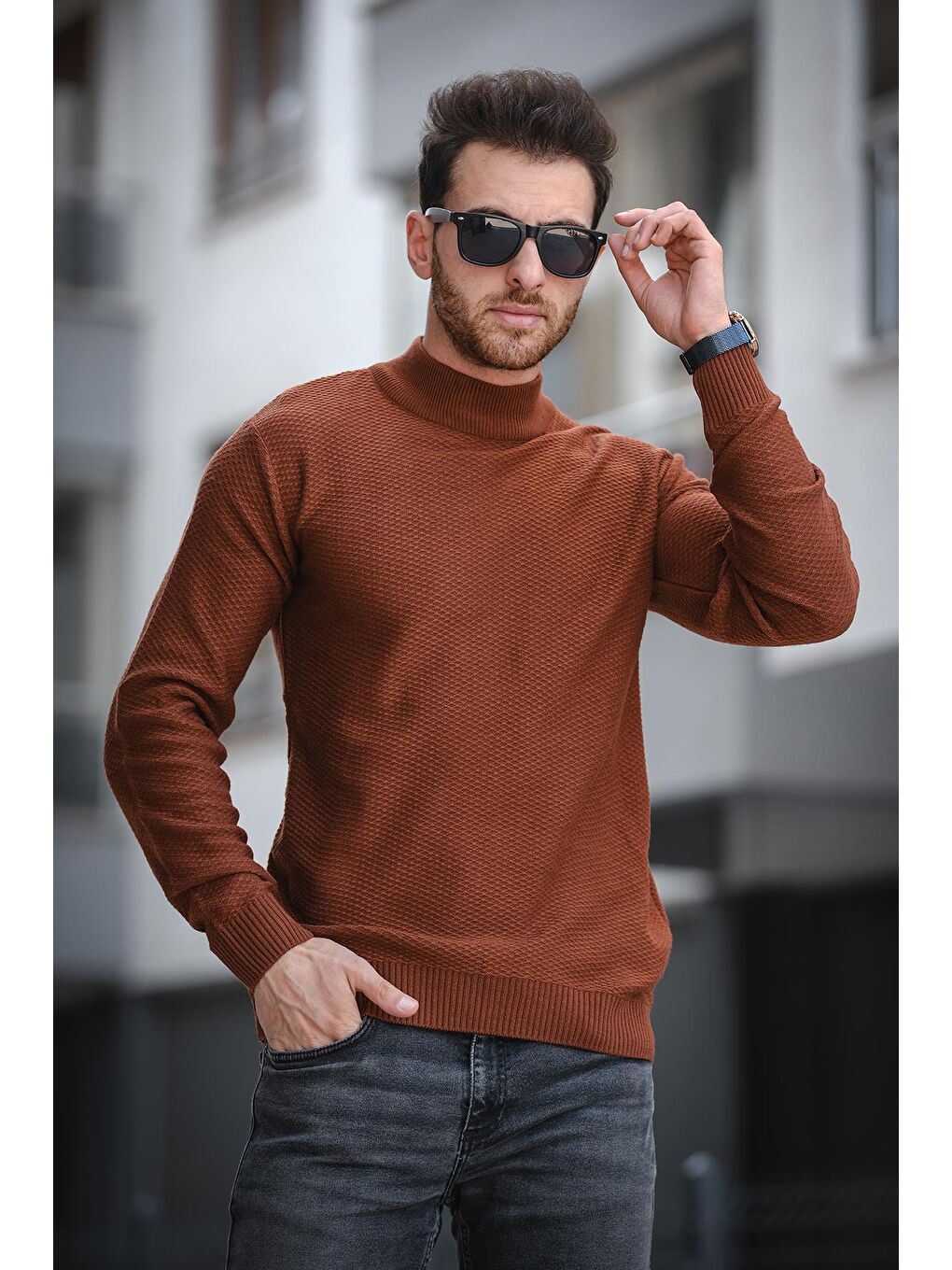 Kahverengi Seka 509 Slim Fit Petek Örgü Erkek Yarım Balıkçı Kazak-2