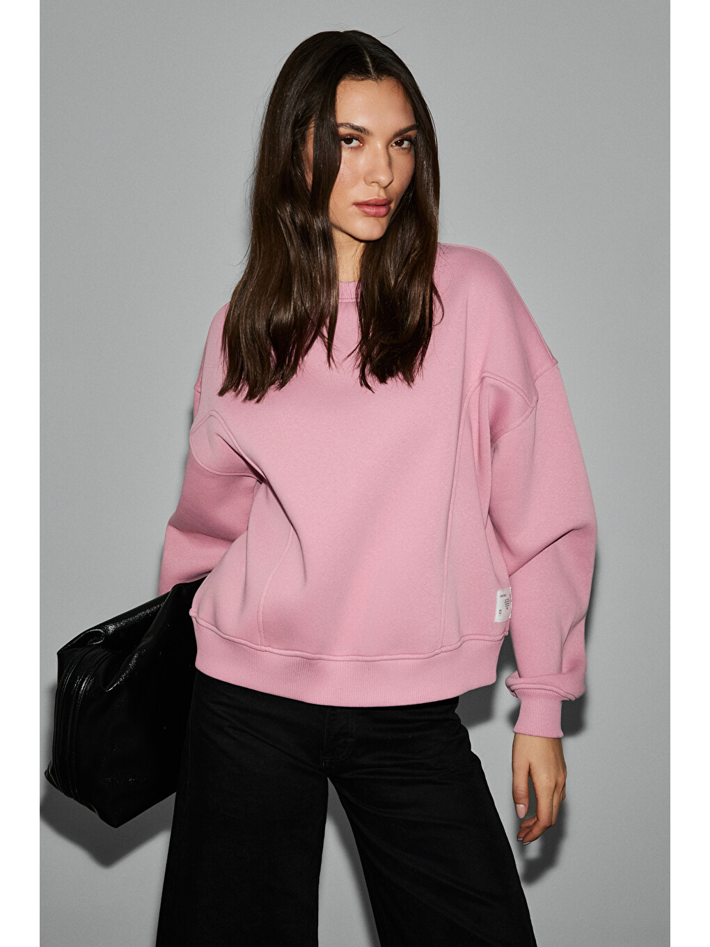 Serenya Kadın Pamuklu Etiket Detaylı Bisiklet Yaka Pembe Sweatshirt-1