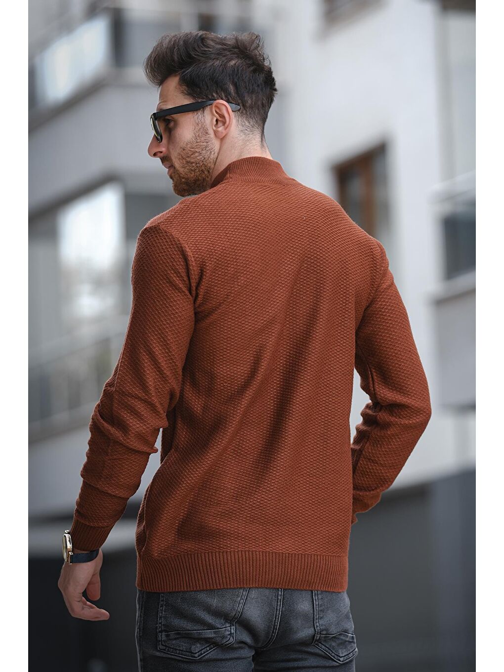 Kahverengi Seka 509 Slim Fit Petek Örgü Erkek Yarım Balıkçı Kazak-3