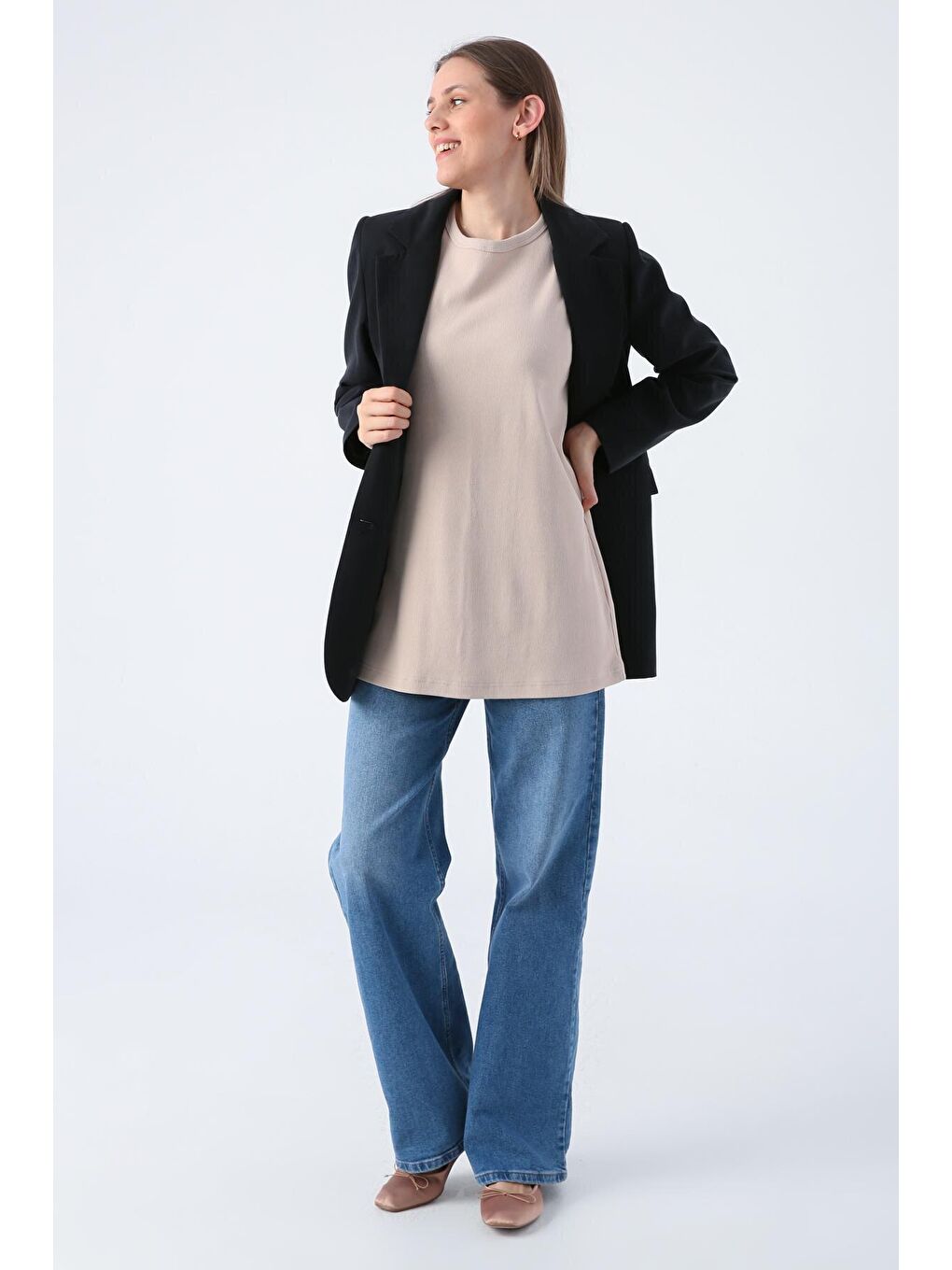 Bej Pamuklu Fitilli Kolsuz Tişört-3