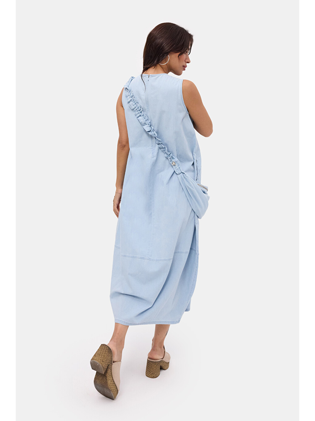 Kadın Mavi Oversize 2'li Tasarım Çanta ve Elbise-3