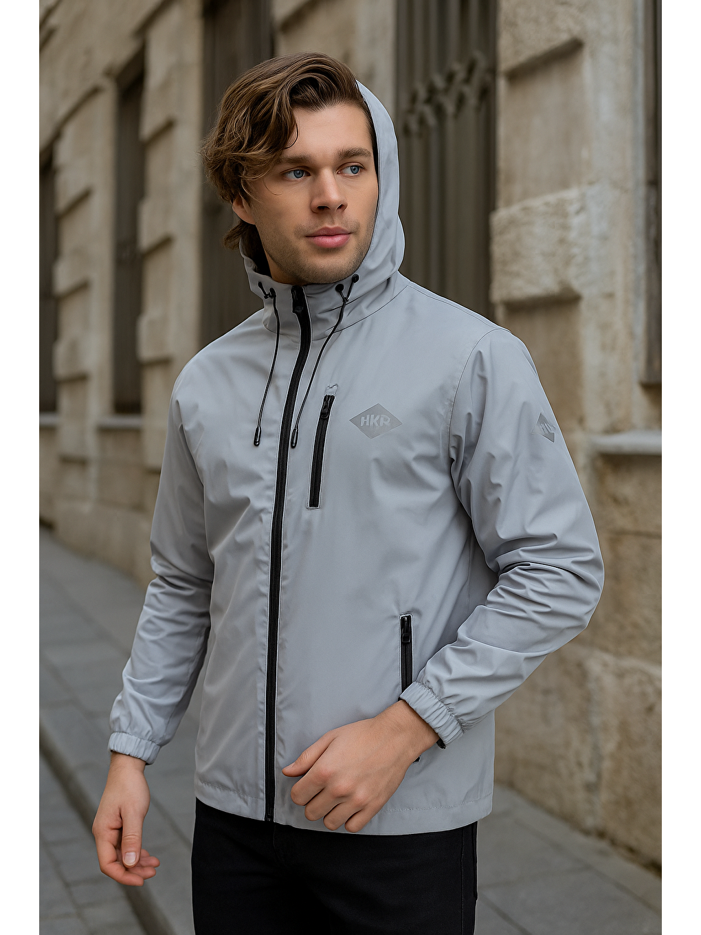 Erkek Astarlı Bol Cepli Gri Rüzgarlık & Yağmurluk-1
