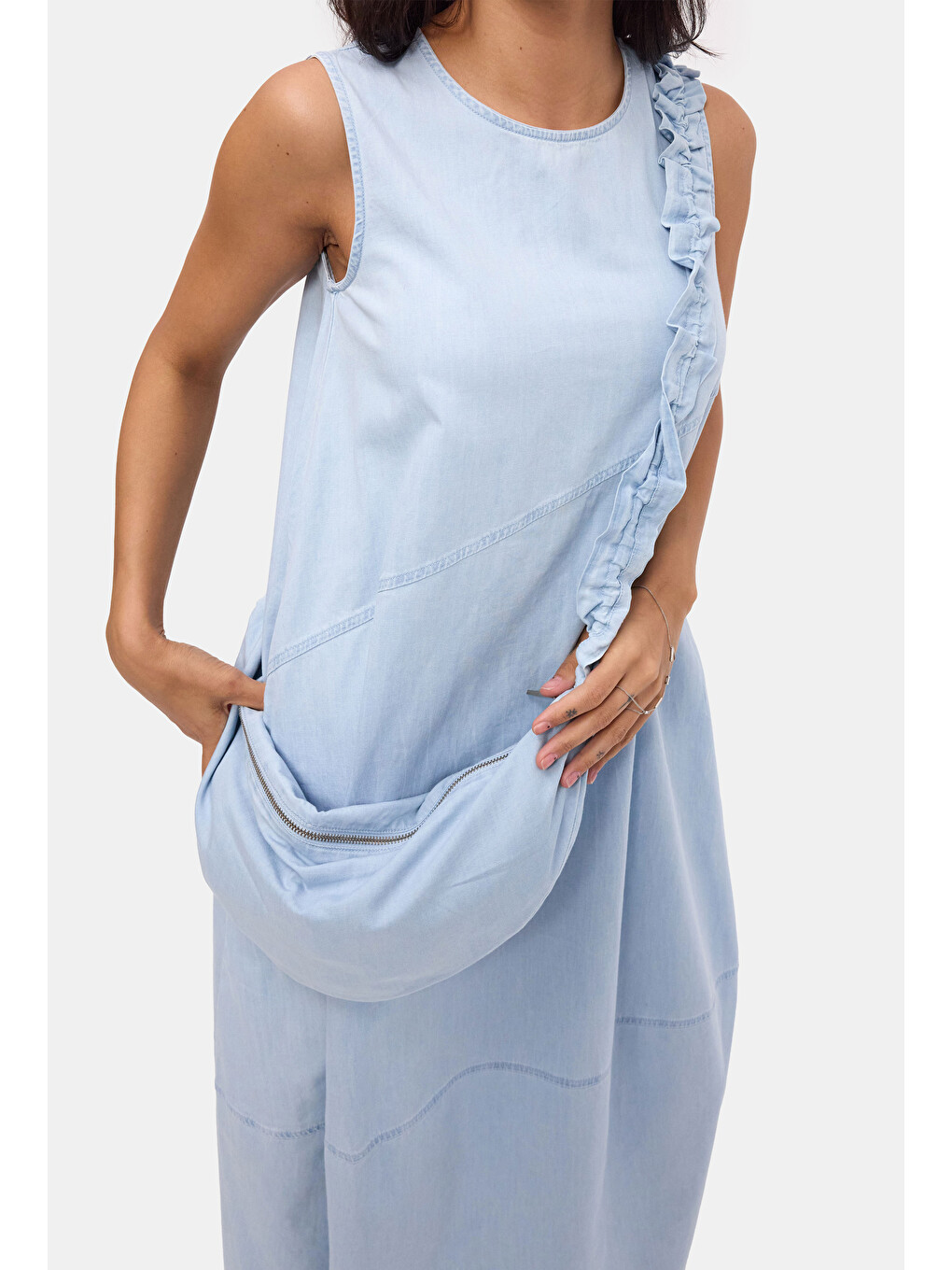 Kadın Mavi Oversize 2'li Tasarım Çanta ve Elbise-5