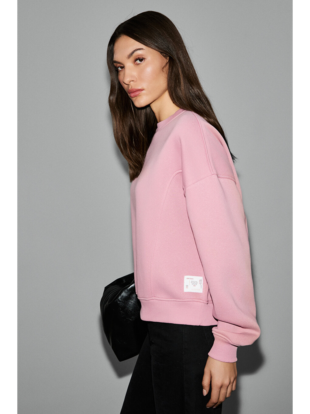 Serenya Kadın Pamuklu Etiket Detaylı Bisiklet Yaka Pembe Sweatshirt-2