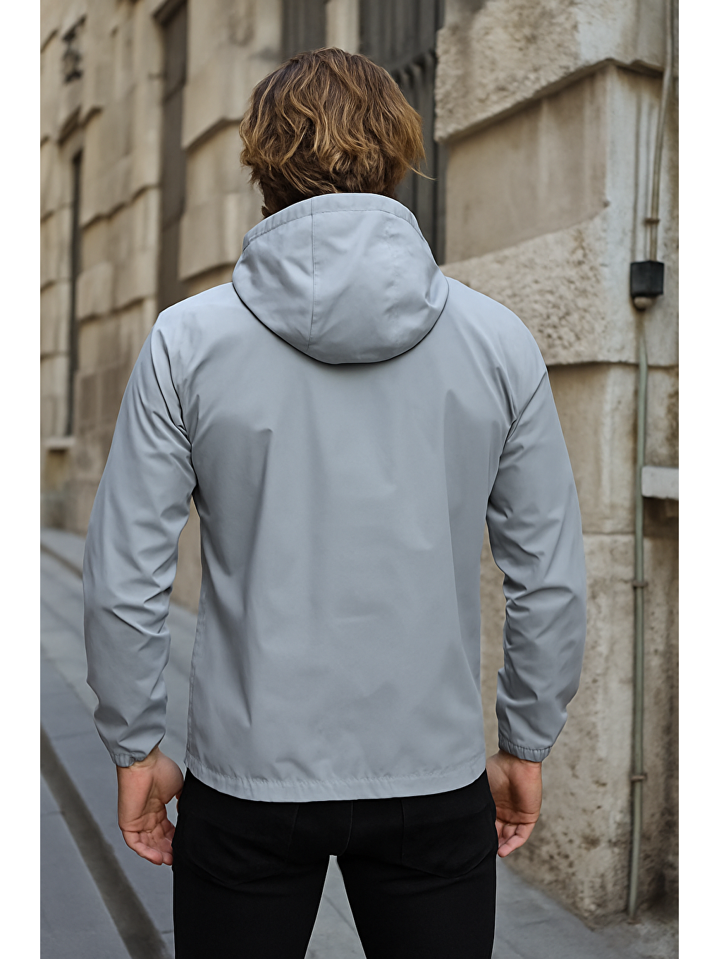 Erkek Astarlı Bol Cepli Gri Rüzgarlık & Yağmurluk-2