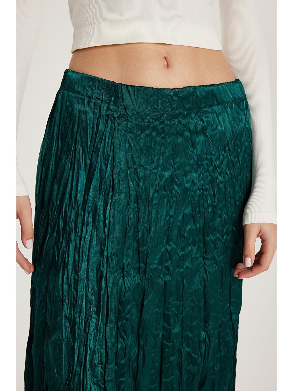 Kadın Regular Fit Desenli Saten Yeşil Etek-2