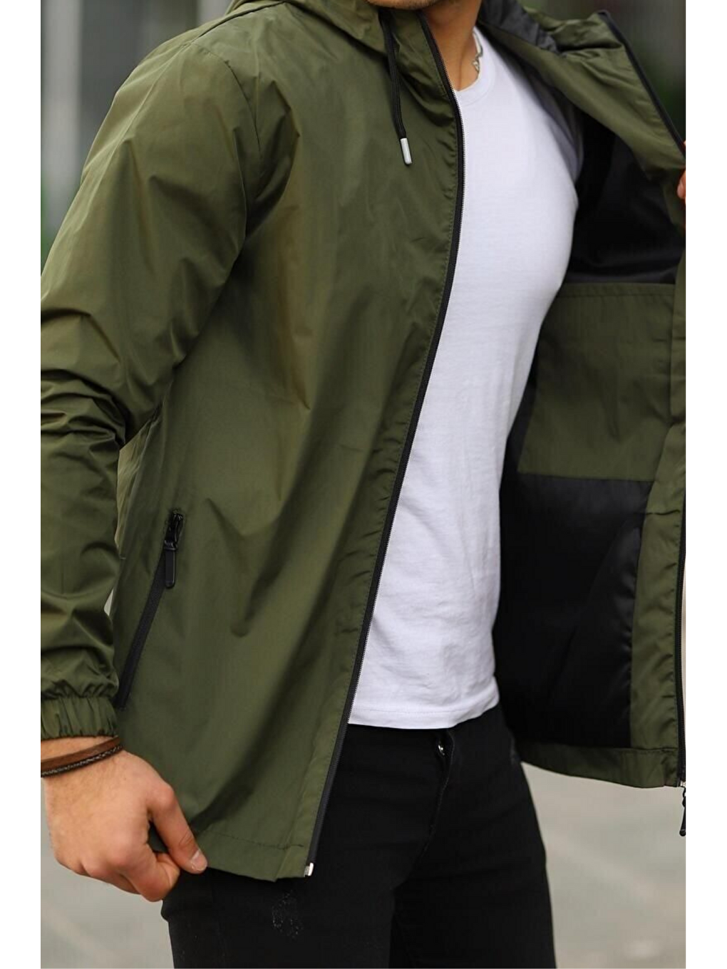 Erkek Astarlı Bol Cepli Haki Rüzgarlık & Yağmurluk-3
