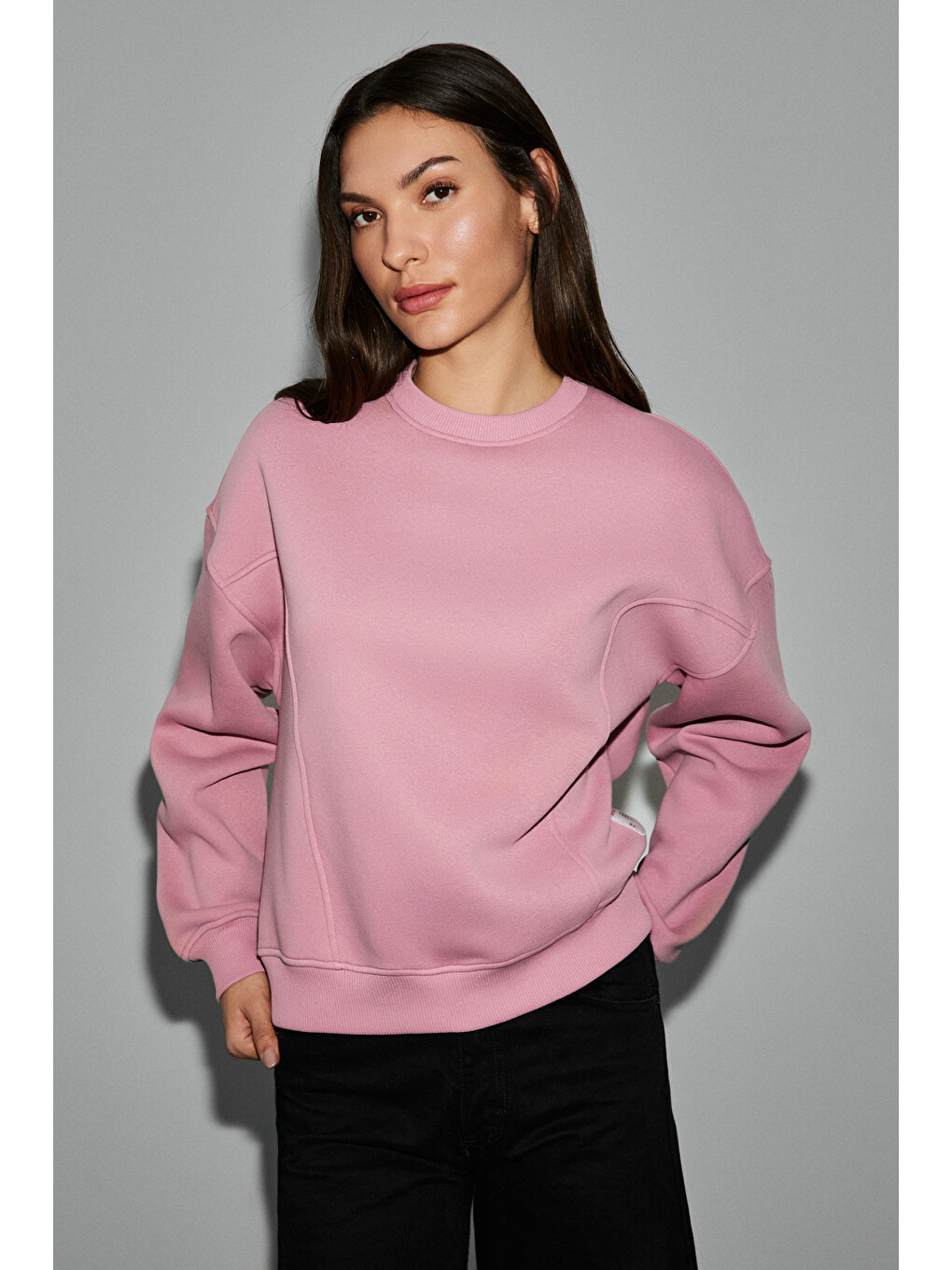 Serenya Kadın Pamuklu Etiket Detaylı Bisiklet Yaka Pembe Sweatshirt-3