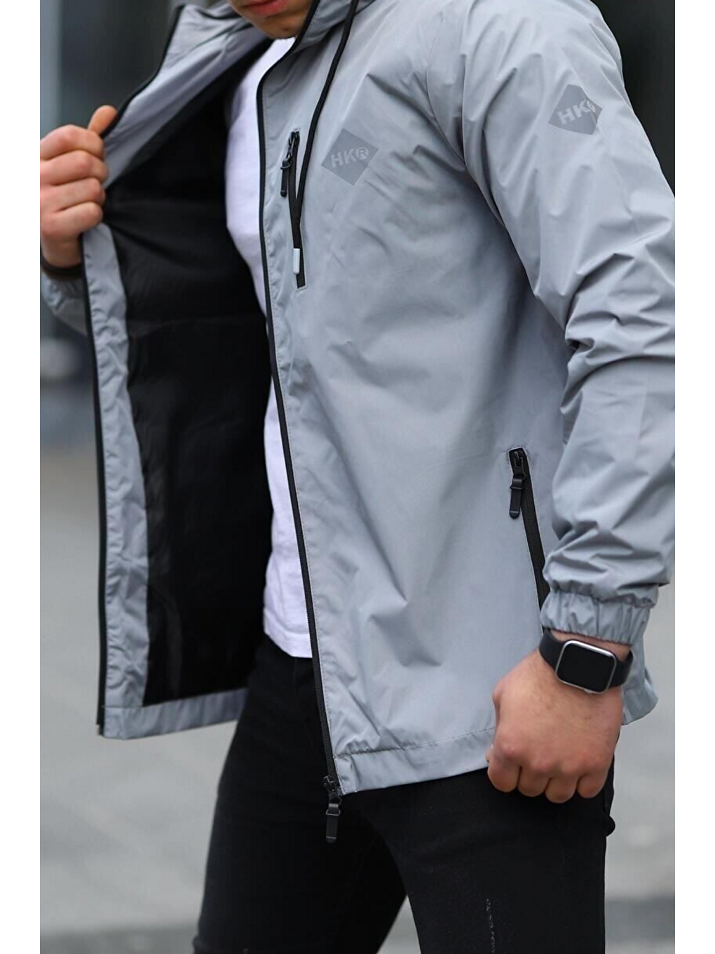 Erkek Astarlı Bol Cepli Gri Rüzgarlık & Yağmurluk-3