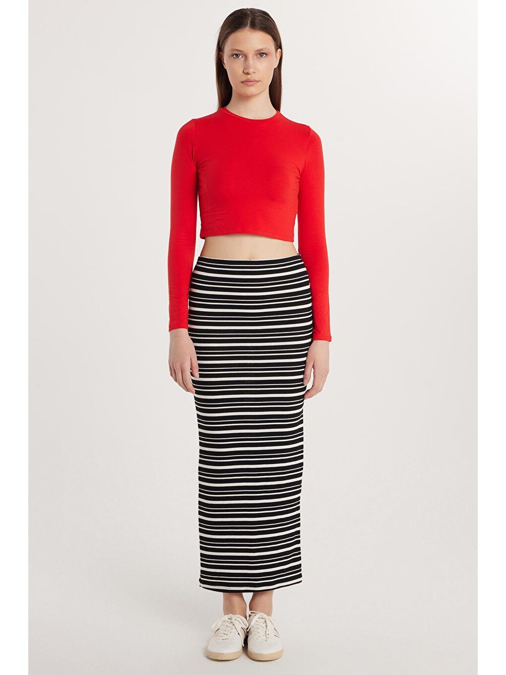 Karışık Kadın Slim Fit Viskon Çizgili Normal Bel Etek-2