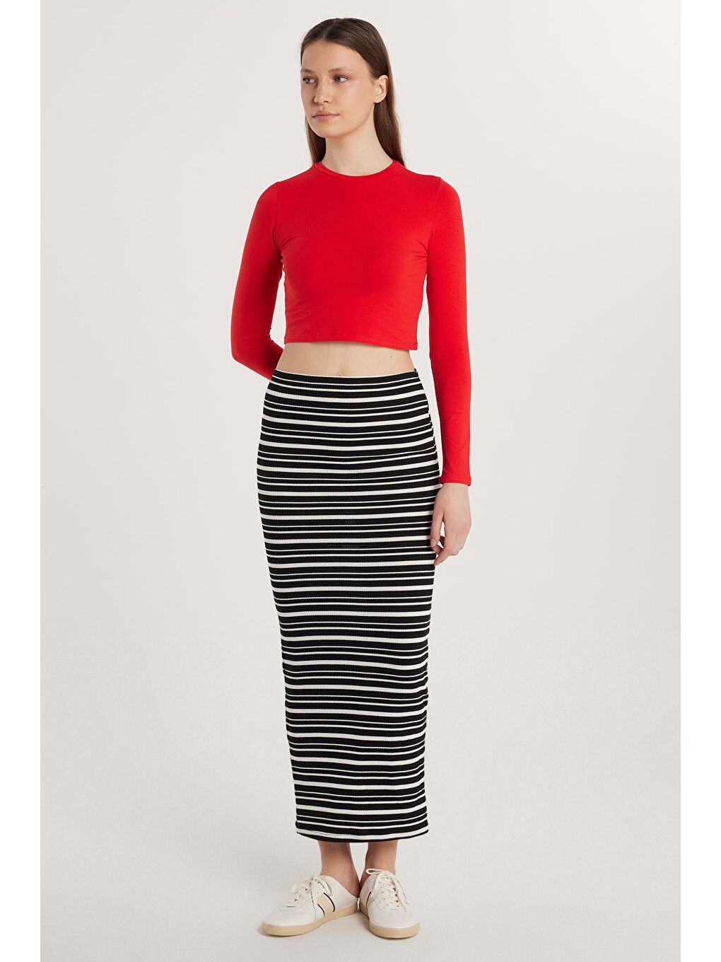 Karışık Kadın Slim Fit Viskon Çizgili Normal Bel Etek-3