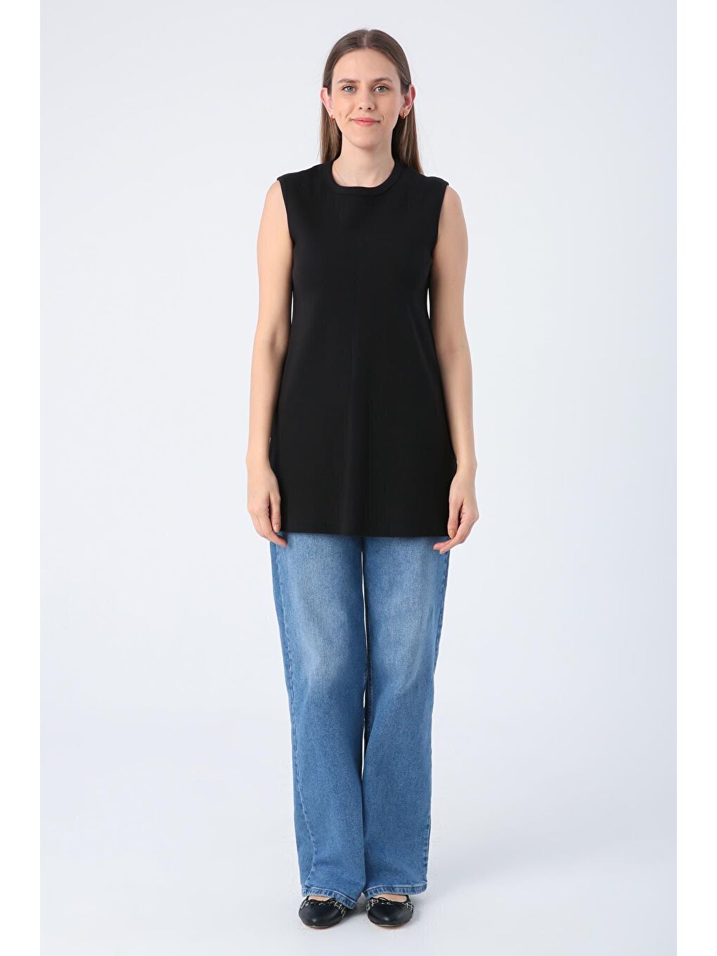 Siyah Pamuklu Fitilli Kolsuz Tişört