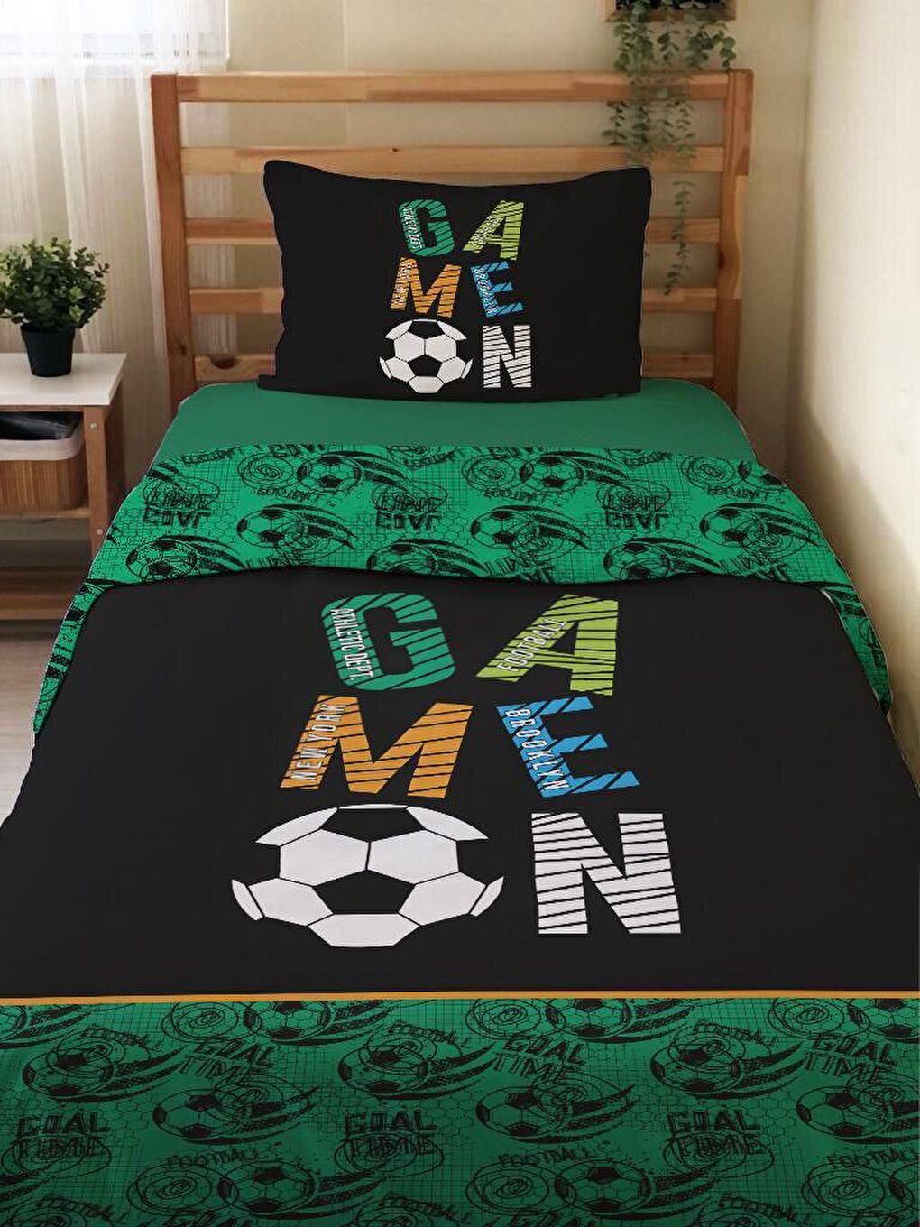 EVMİLA Karışık Çift Taraflı Futbol Desenli Çarşafsız Takım Tek Kişilik Nevresim Takımı 160x220 Cm