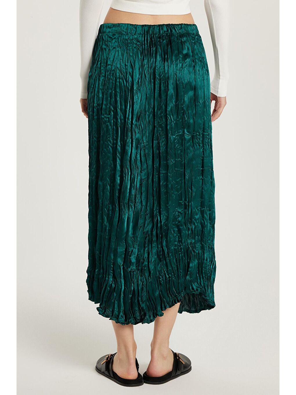 Kadın Regular Fit Desenli Saten Yeşil Etek-4