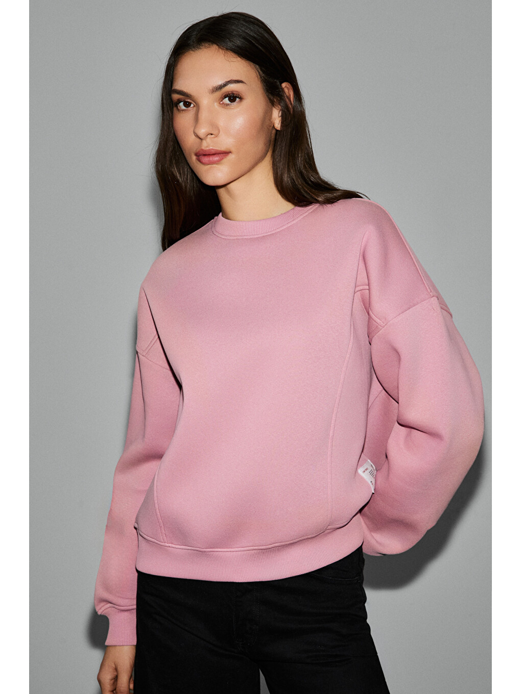 Serenya Kadın Pamuklu Etiket Detaylı Bisiklet Yaka Pembe Sweatshirt-4