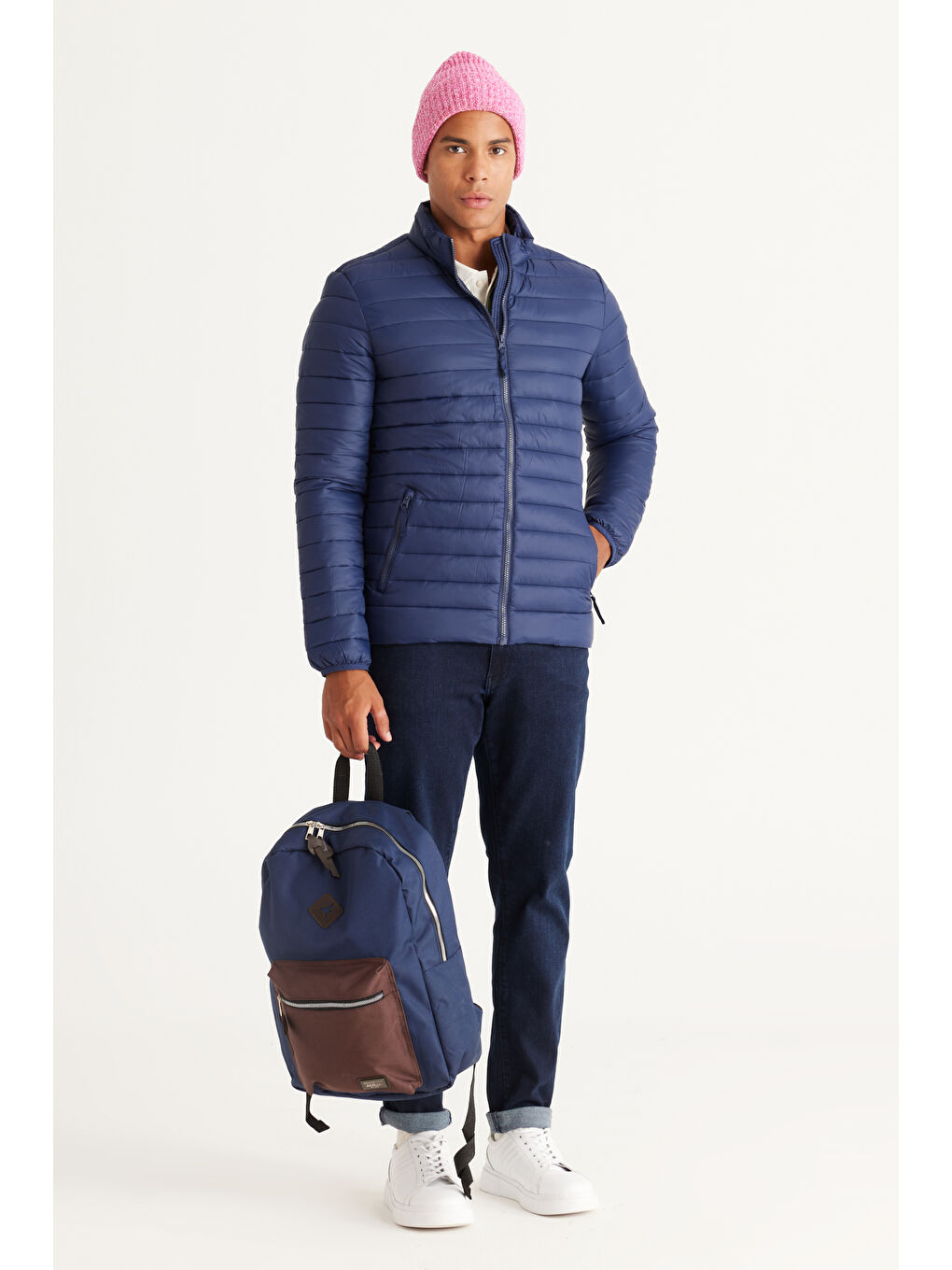 Erkek Lacivert Standart Fit Normal Kesim Dik Yaka Desenli Mont-1