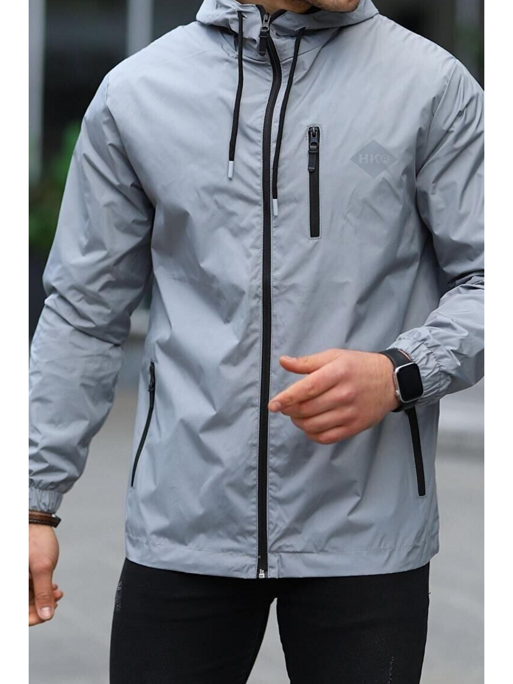 Erkek Astarlı Bol Cepli Gri Rüzgarlık & Yağmurluk-4