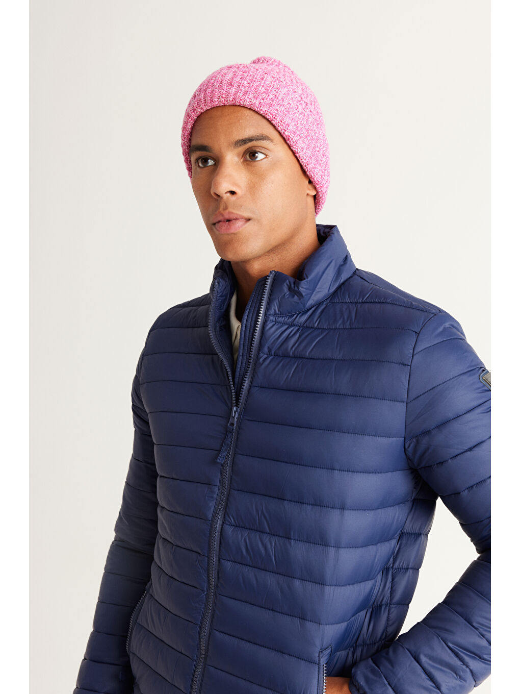 Erkek Lacivert Standart Fit Normal Kesim Dik Yaka Desenli Mont-2