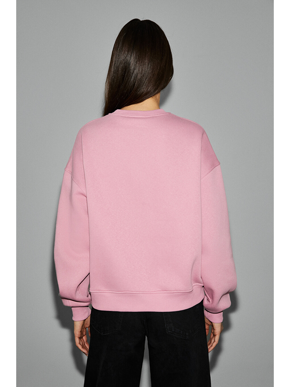 Serenya Kadın Pamuklu Etiket Detaylı Bisiklet Yaka Pembe Sweatshirt-5