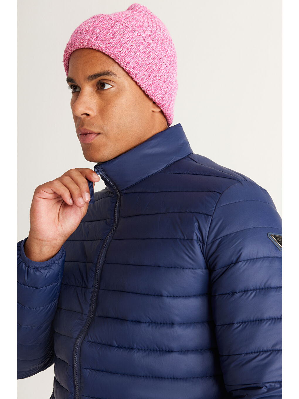 Erkek Lacivert Standart Fit Normal Kesim Dik Yaka Desenli Mont-3