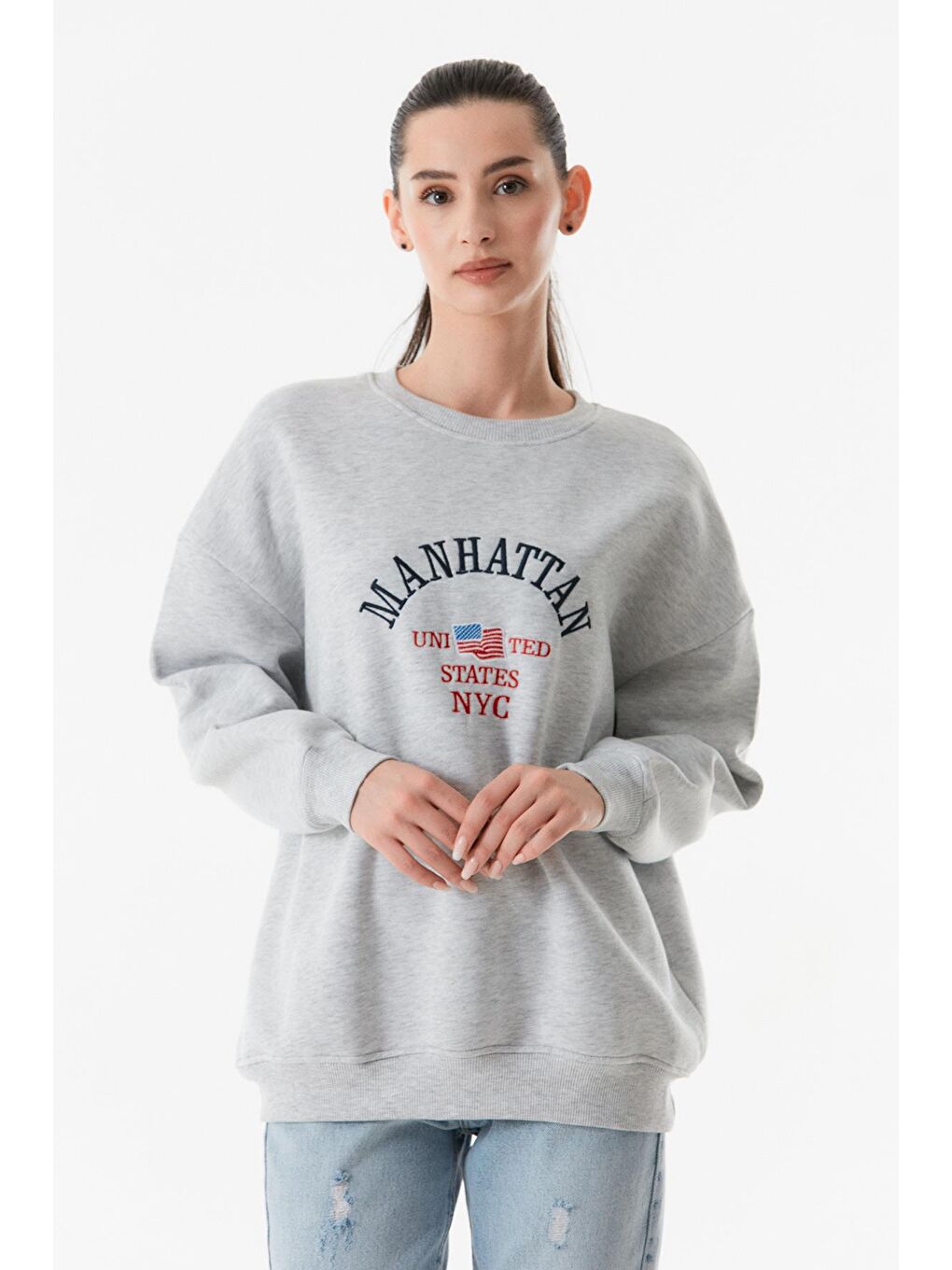 Fullamoda Gri Manhattan Nakışlı Bisiklet Yaka Sweatshirt - 3