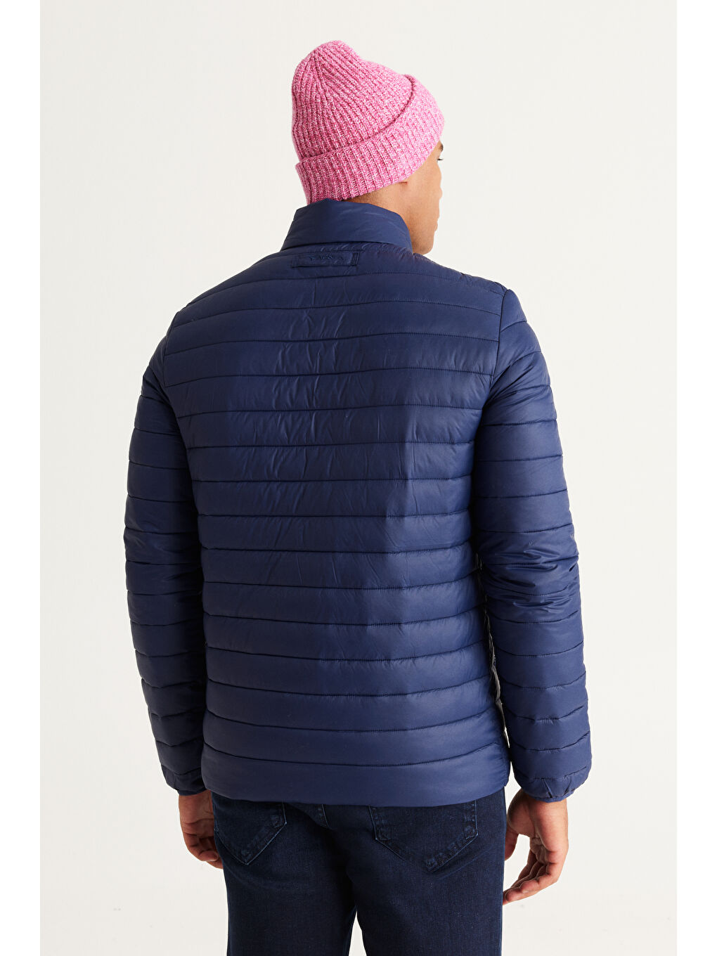 Erkek Lacivert Standart Fit Normal Kesim Dik Yaka Desenli Mont-4