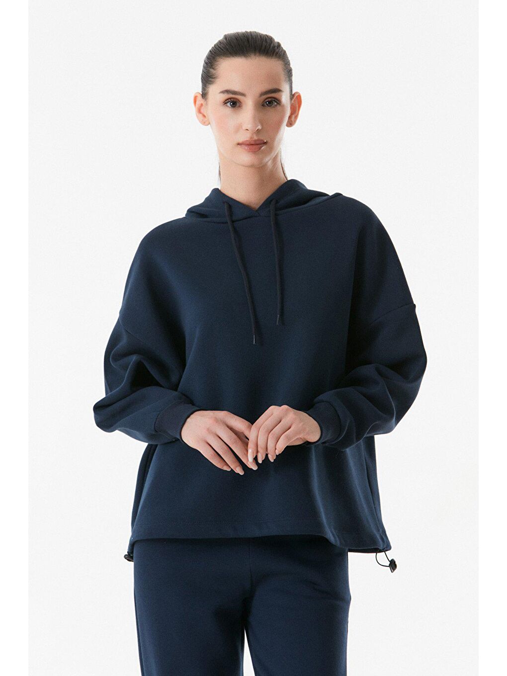 Fullamoda Lacivert Basic Beli Stoperli Kapüşonlu Sweatshirt