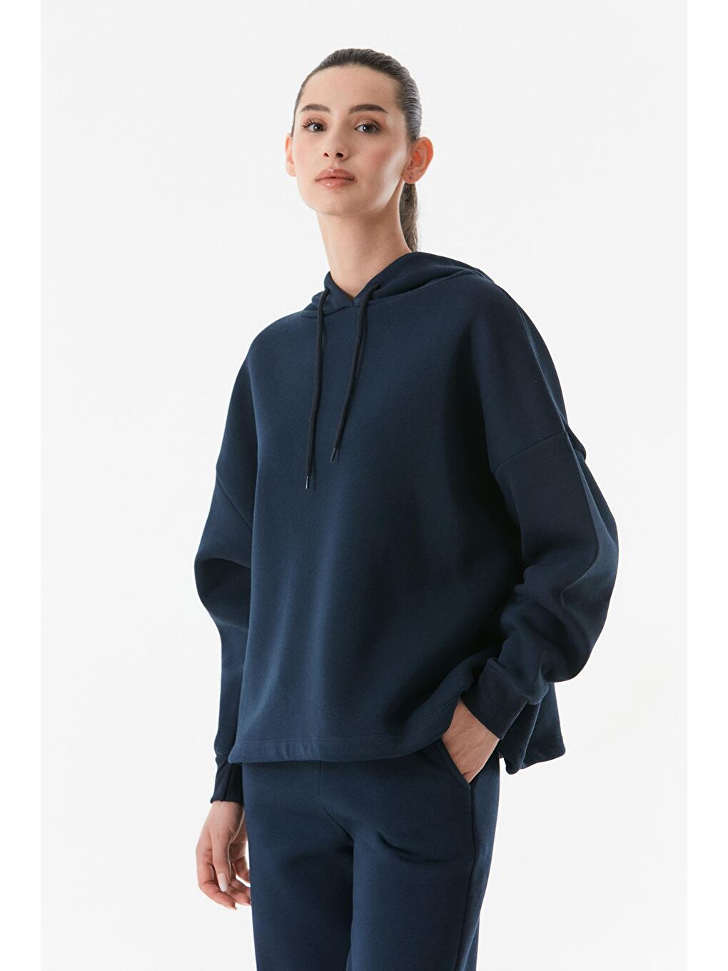 Fullamoda Lacivert Basic Beli Stoperli Kapüşonlu Sweatshirt - 1