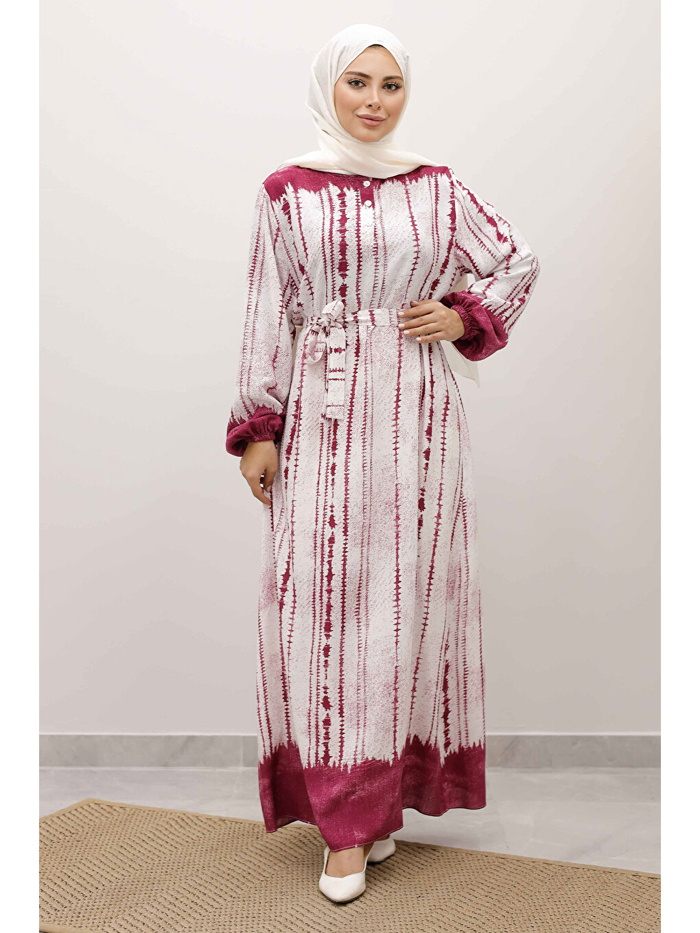 Batik Desenli Viskon Elbise TSD250229 Fuşya