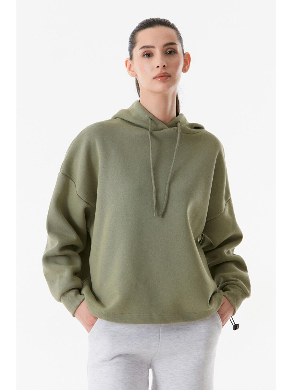 Fullamoda Haki Basic Beli Stoperli Kapüşonlu Sweatshirt