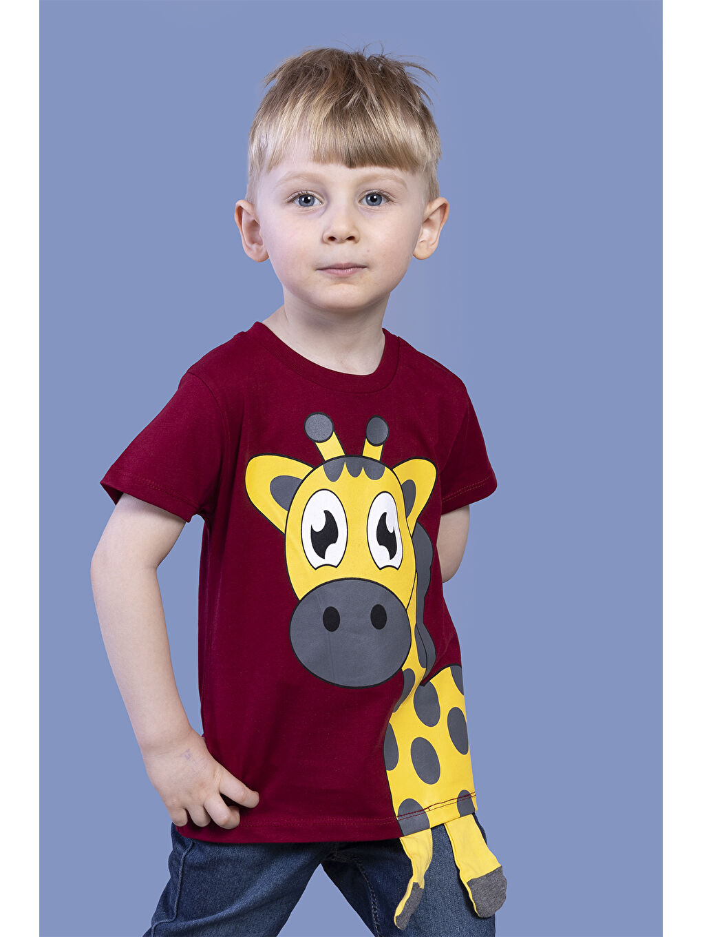 Bordo Erkek Çocuk Zürafa Baskılı Tişört-2