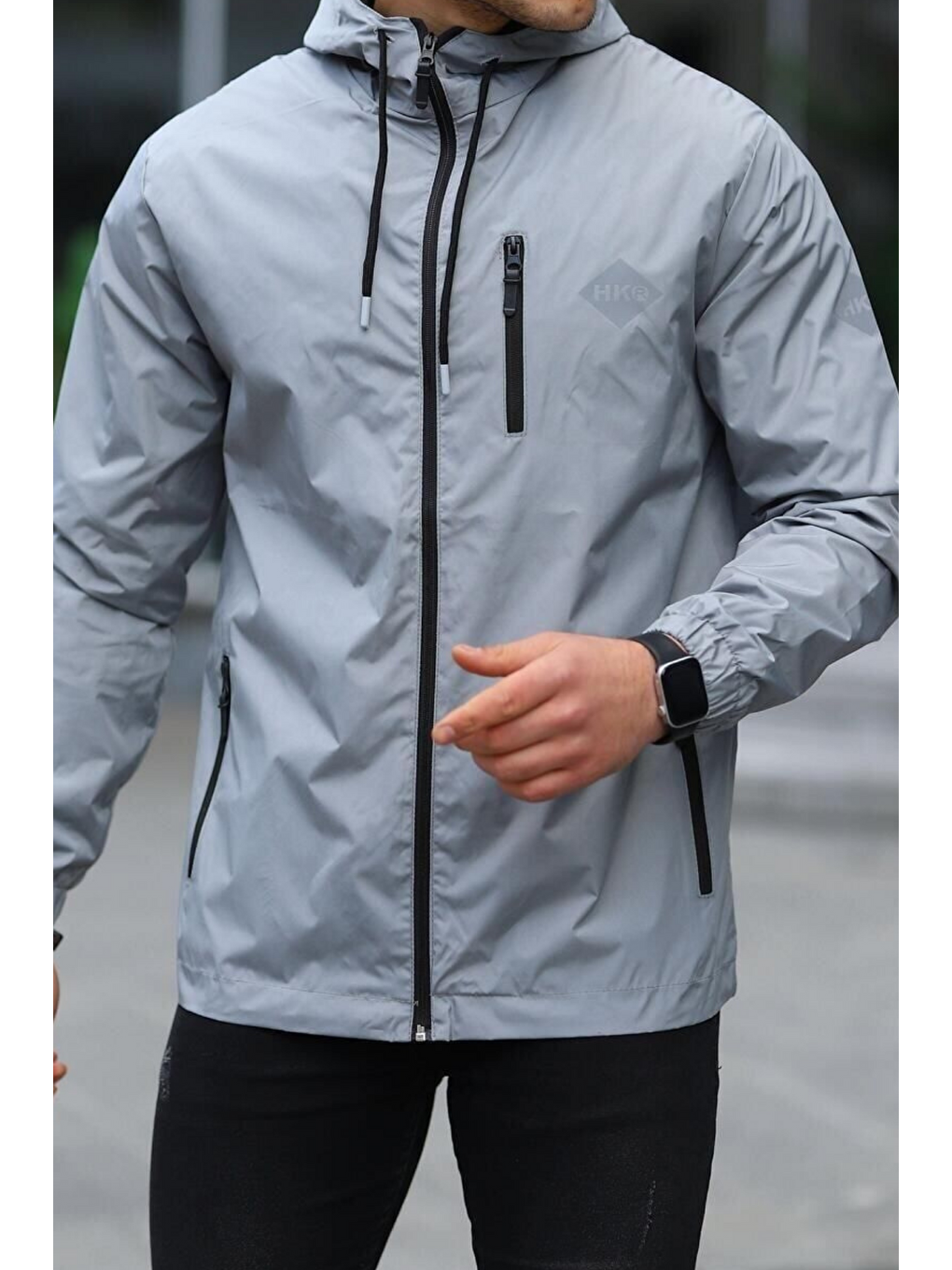 Erkek Astarlı Bol Cepli Gri Rüzgarlık & Yağmurluk-5