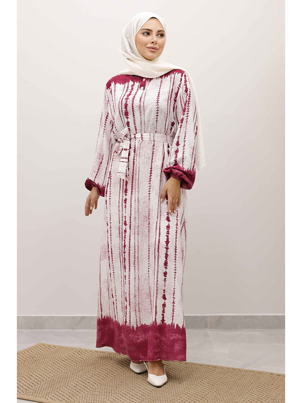 Batik Desenli Viskon Elbise TSD250229 Fuşya-2