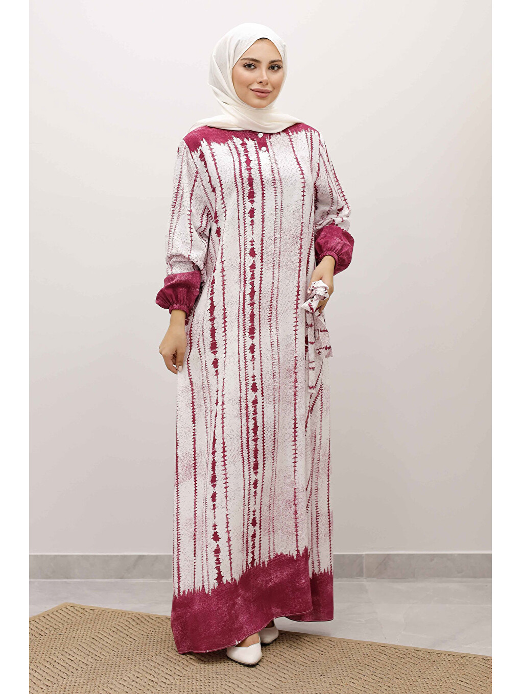 Batik Desenli Viskon Elbise TSD250229 Fuşya-4