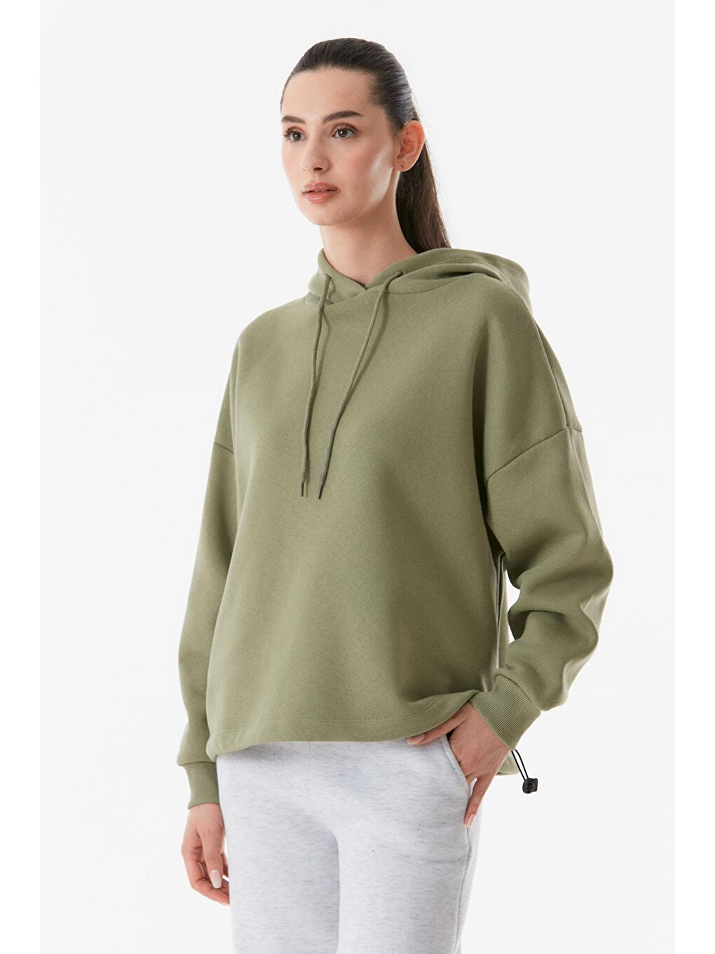 Fullamoda Haki Basic Beli Stoperli Kapüşonlu Sweatshirt - 1