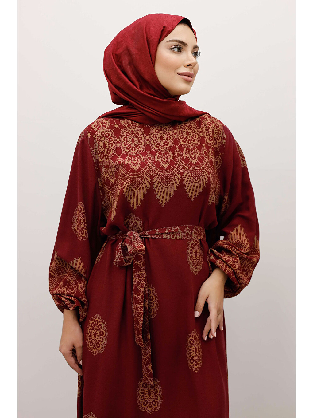 Çini Desenli Viskon Elbise TSD250237 Bordo-1