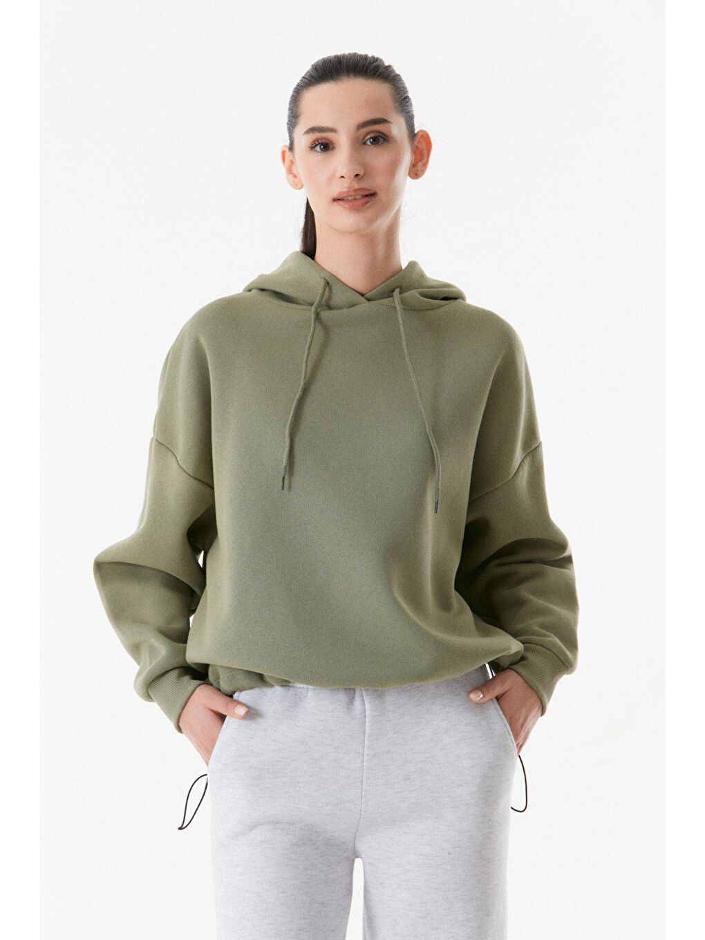 Fullamoda Haki Basic Beli Stoperli Kapüşonlu Sweatshirt - 2