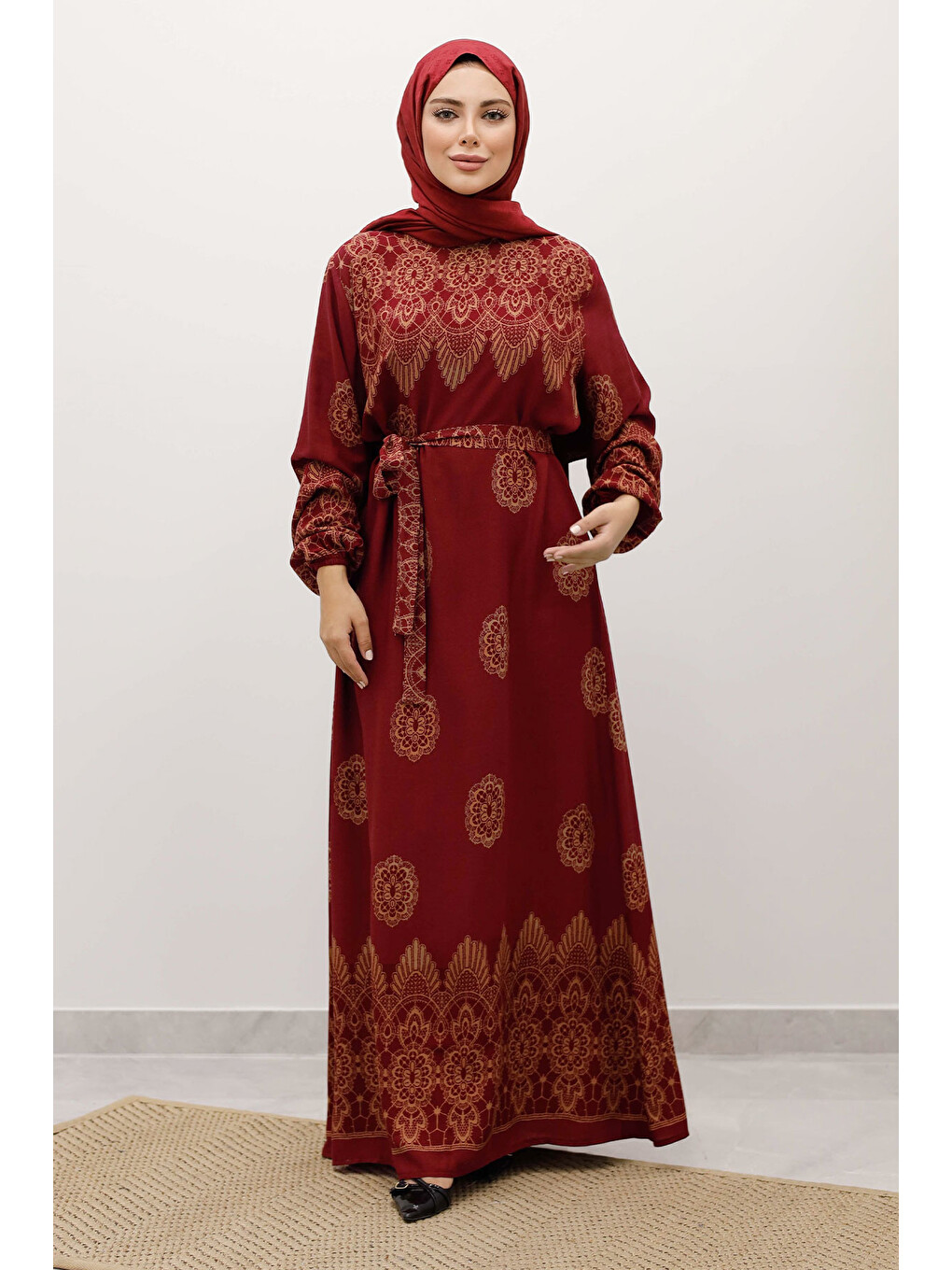 Çini Desenli Viskon Elbise TSD250237 Bordo-2