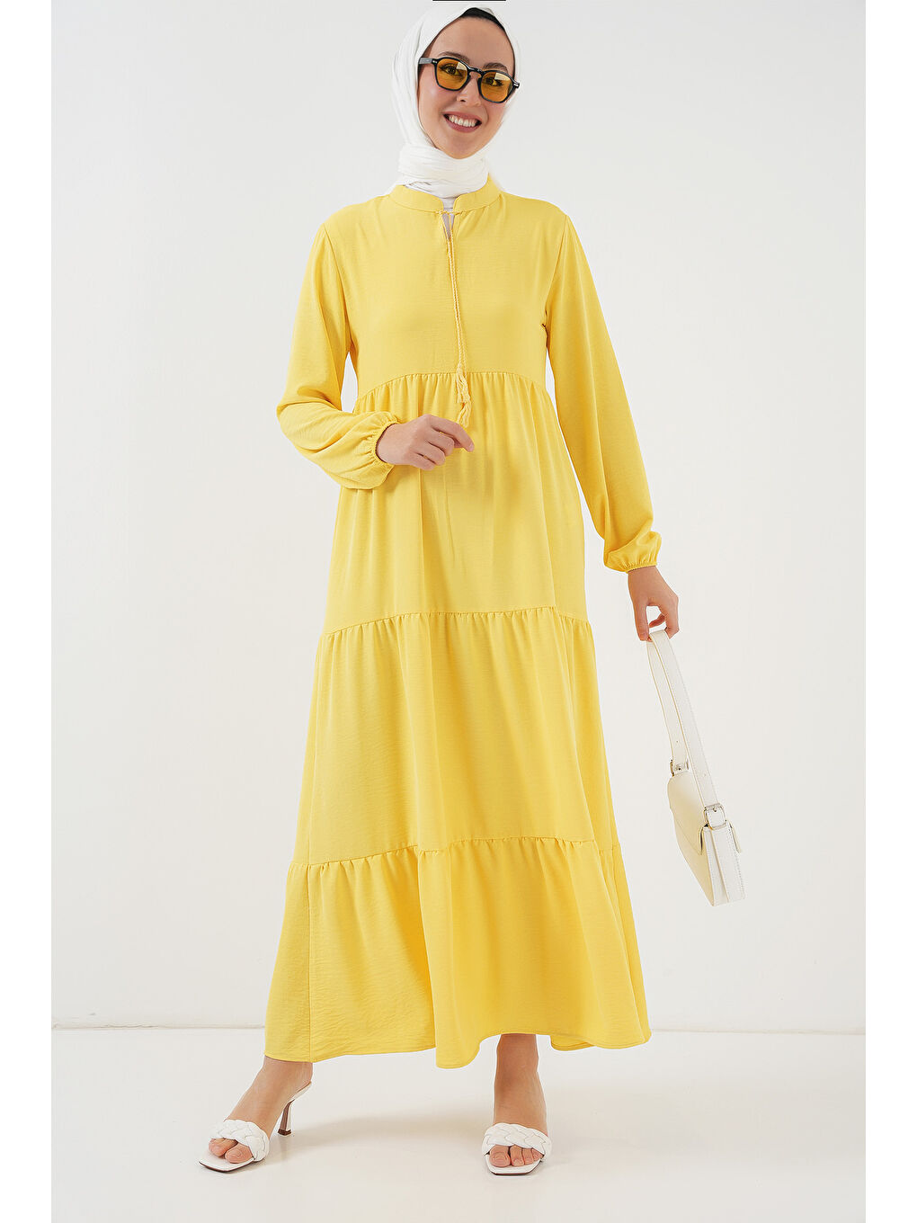 1627 Yaka Bağcıklı Tesettür Elbise - Limon Sarısı-1