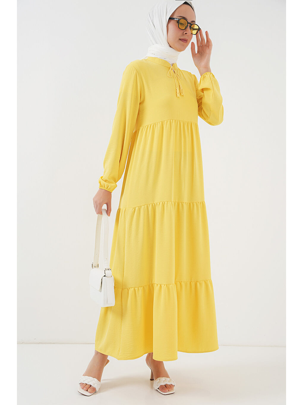 1627 Yaka Bağcıklı Tesettür Elbise - Limon Sarısı-2