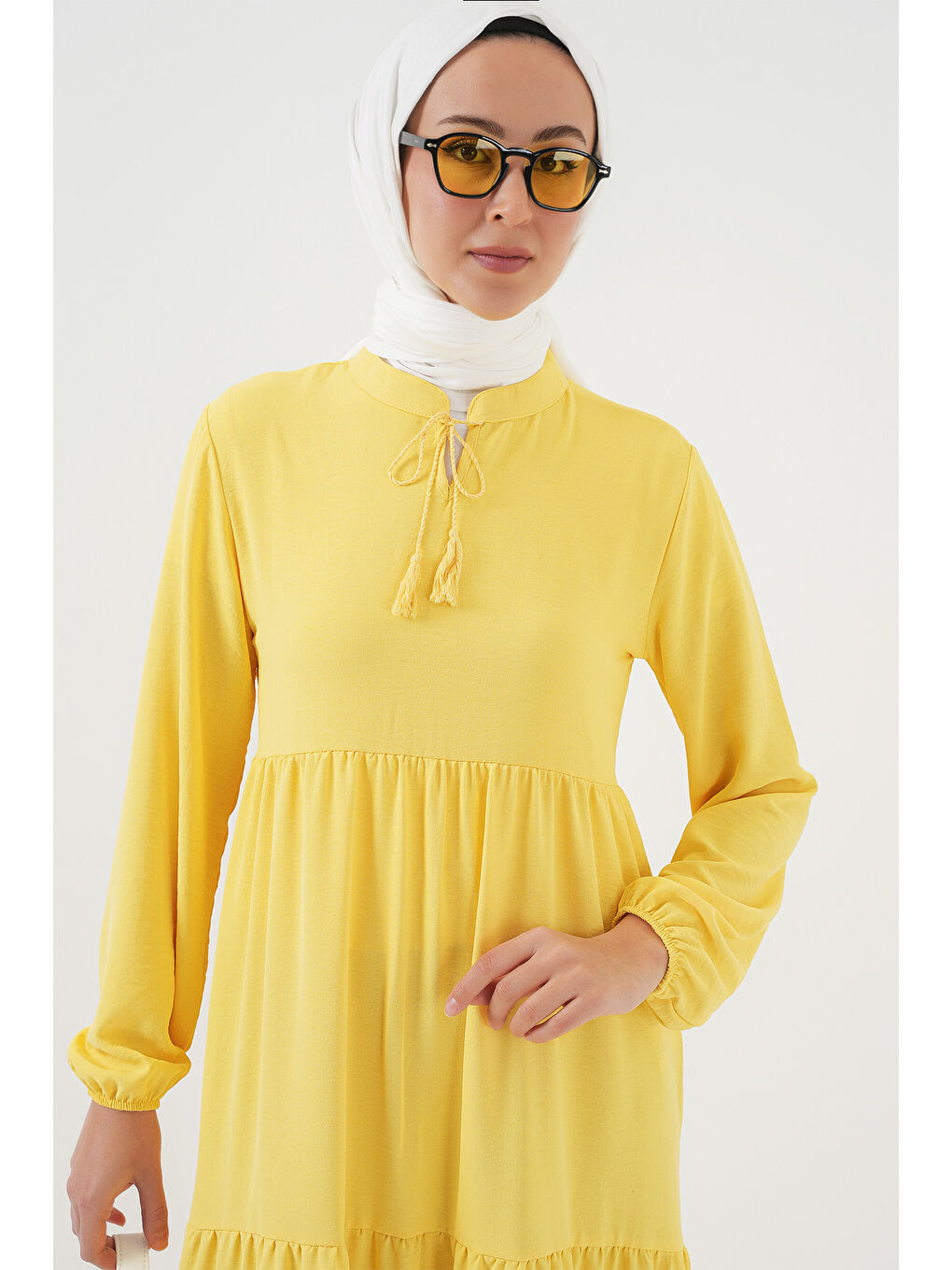 1627 Yaka Bağcıklı Tesettür Elbise - Limon Sarısı-3