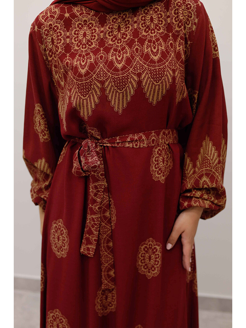 Çini Desenli Viskon Elbise TSD250237 Bordo-3