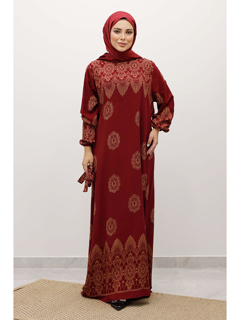 Çini Desenli Viskon Elbise TSD250237 Bordo-4