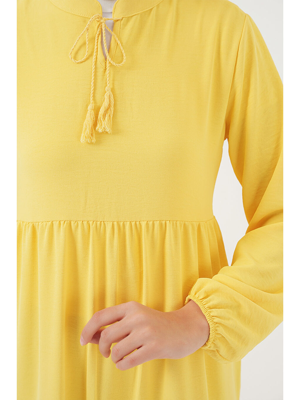 1627 Yaka Bağcıklı Tesettür Elbise - Limon Sarısı-4