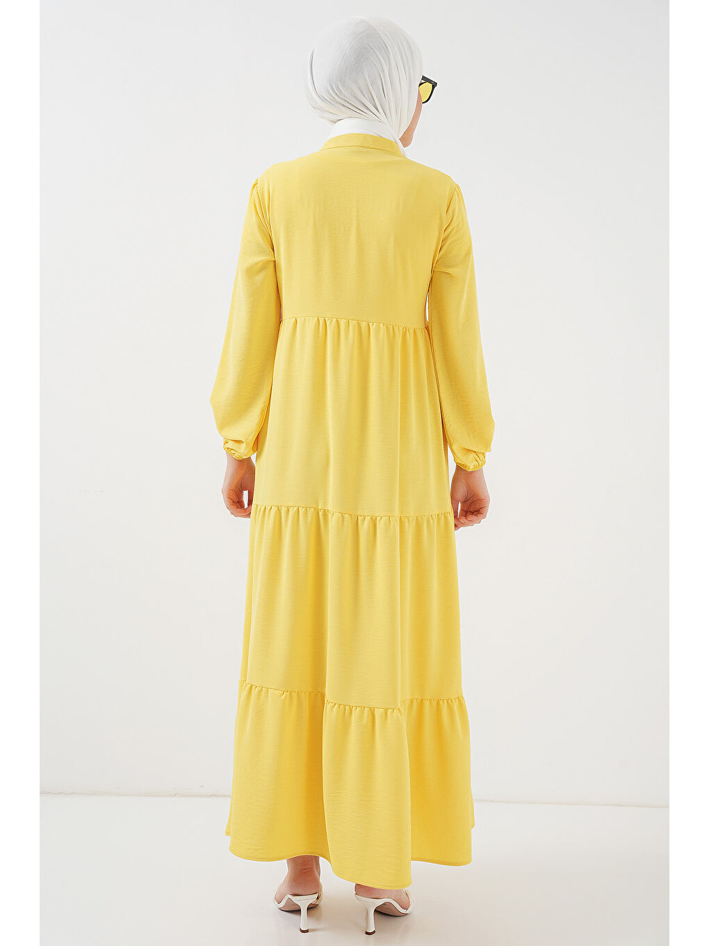 1627 Yaka Bağcıklı Tesettür Elbise - Limon Sarısı-5