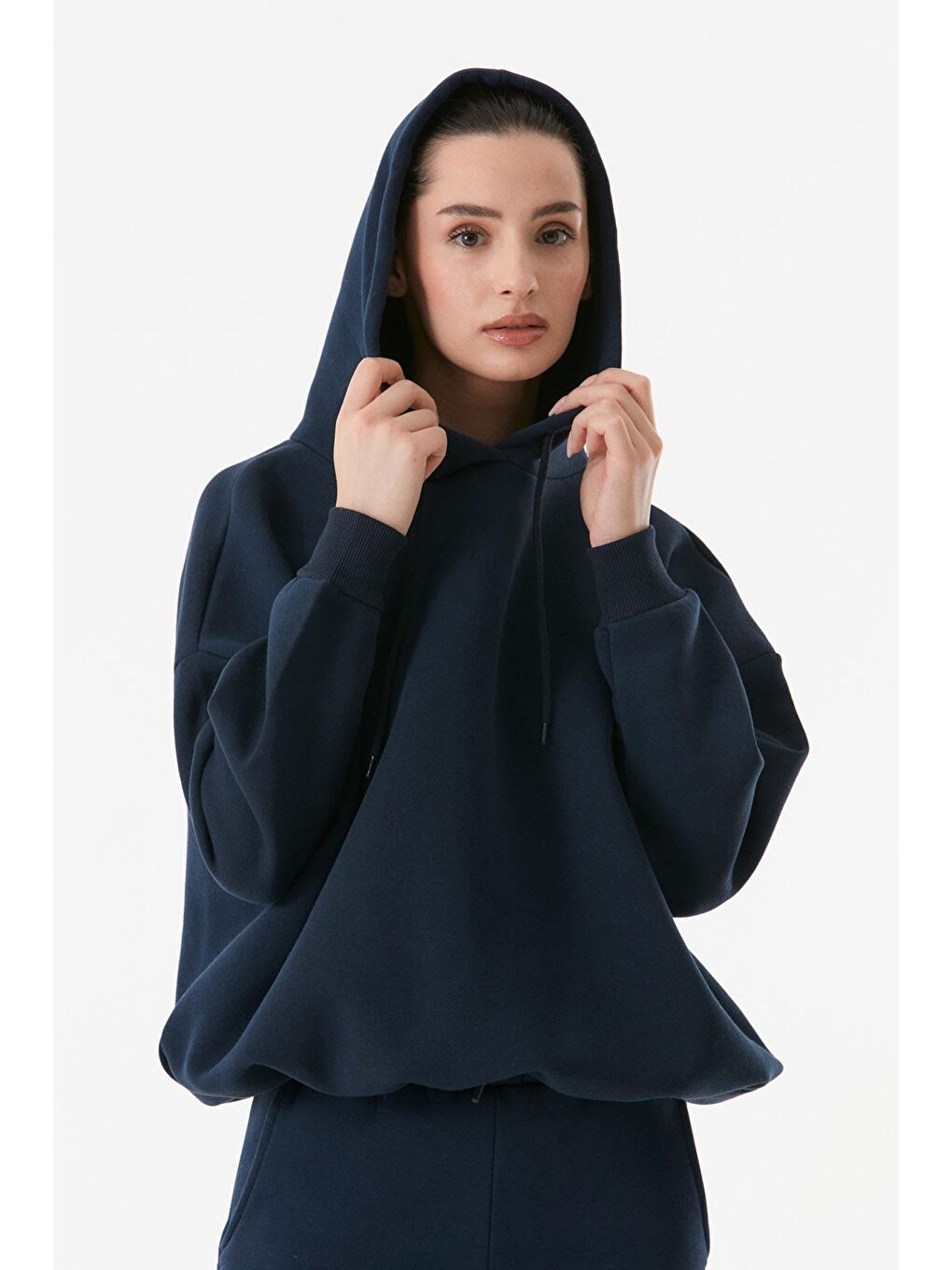 Fullamoda Lacivert Basic Beli Stoperli Kapüşonlu Sweatshirt - 4