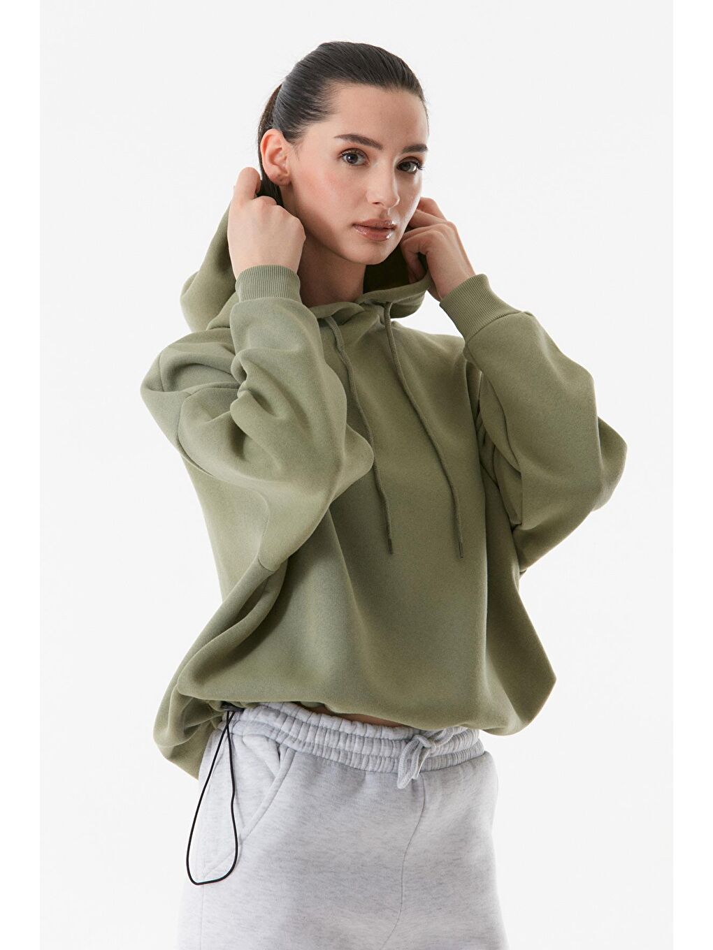 Fullamoda Haki Basic Beli Stoperli Kapüşonlu Sweatshirt - 4