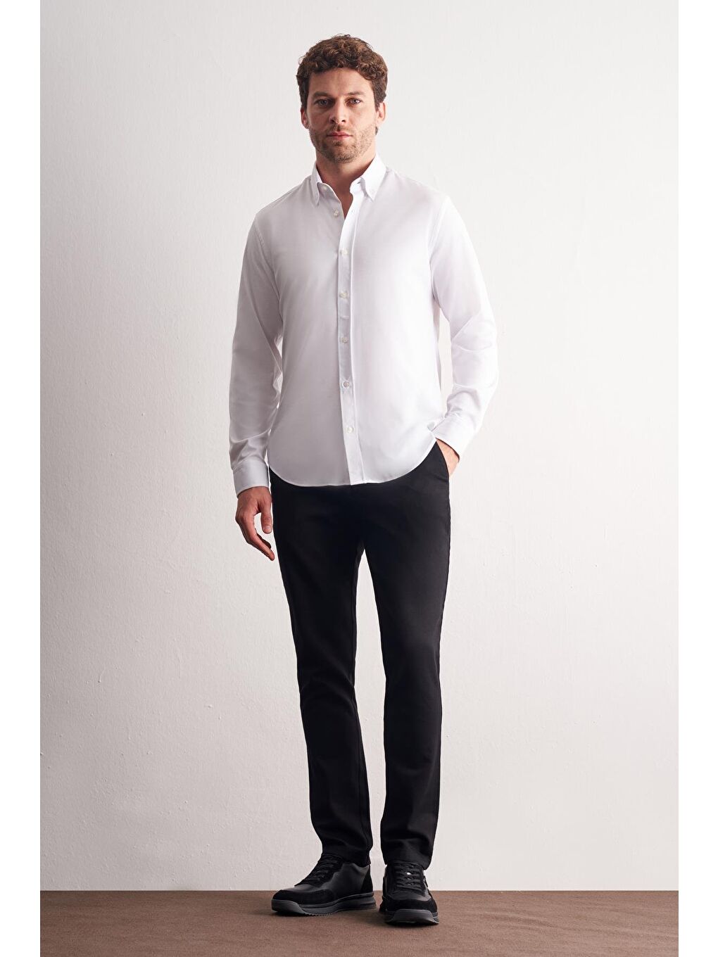 Beyaz Düğmeli Yaka Örme Uzun Kol Performans Ürün Slim Fit Esnek Gömlek 1004255270-1