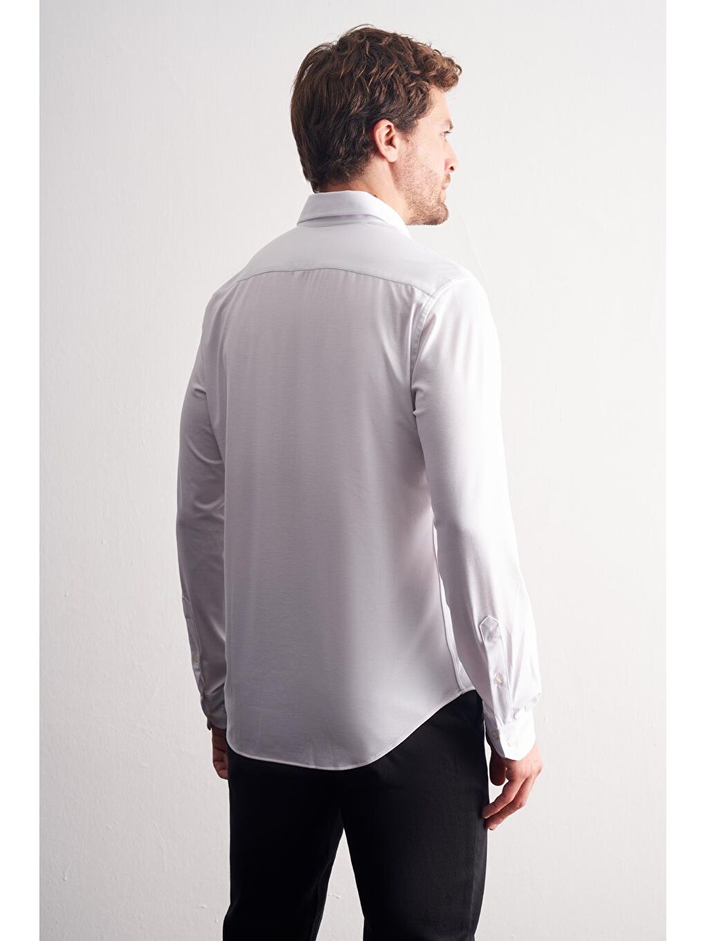 Beyaz Düğmeli Yaka Örme Uzun Kol Performans Ürün Slim Fit Esnek Gömlek 1004255270-4