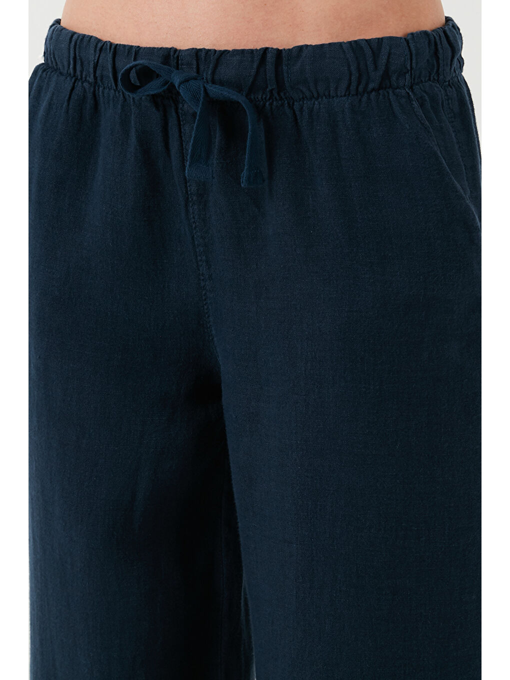 Lela Lacivert Relaxed Fit Normal Bel Geniş Paça Çift Cepli Keten Pantolon 668Yp4991 - 5